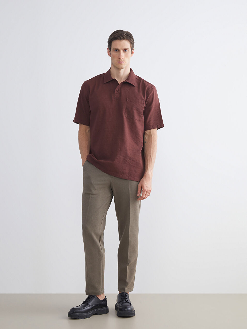 Bordo Regular Fit Kısa Kollu Oxford Erkek Gömlek-1