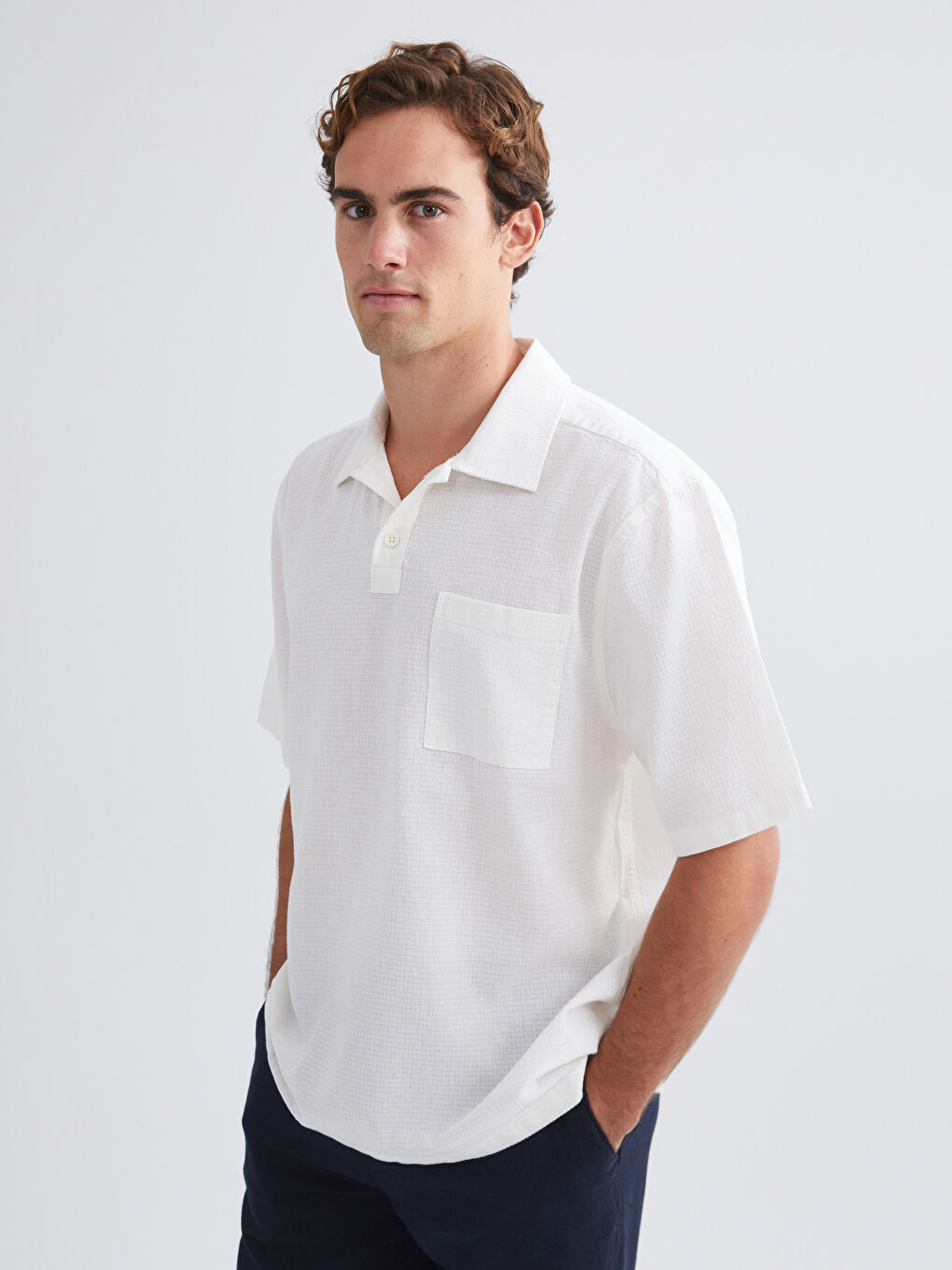 Ekru Regular Fit Kısa Kollu Oxford Erkek Gömlek