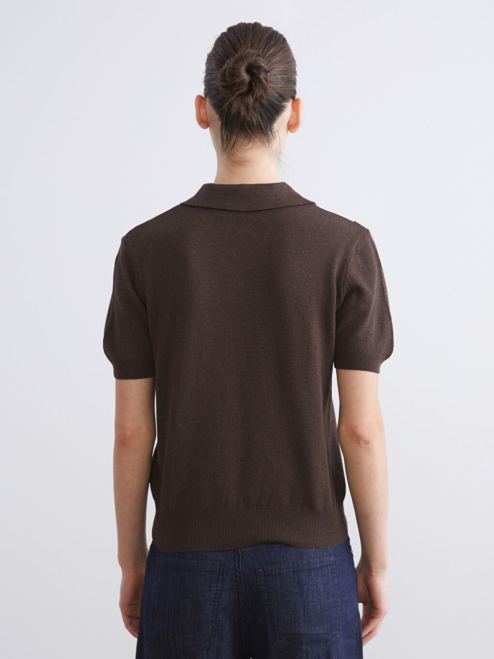 Kahverengi Polo Yaka Baklava Desenli Kadın Triko Hırka-3