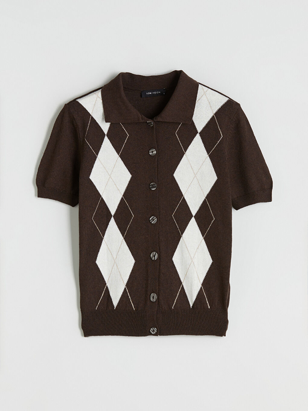 Kahverengi Polo Yaka Baklava Desenli Kadın Triko Hırka-4