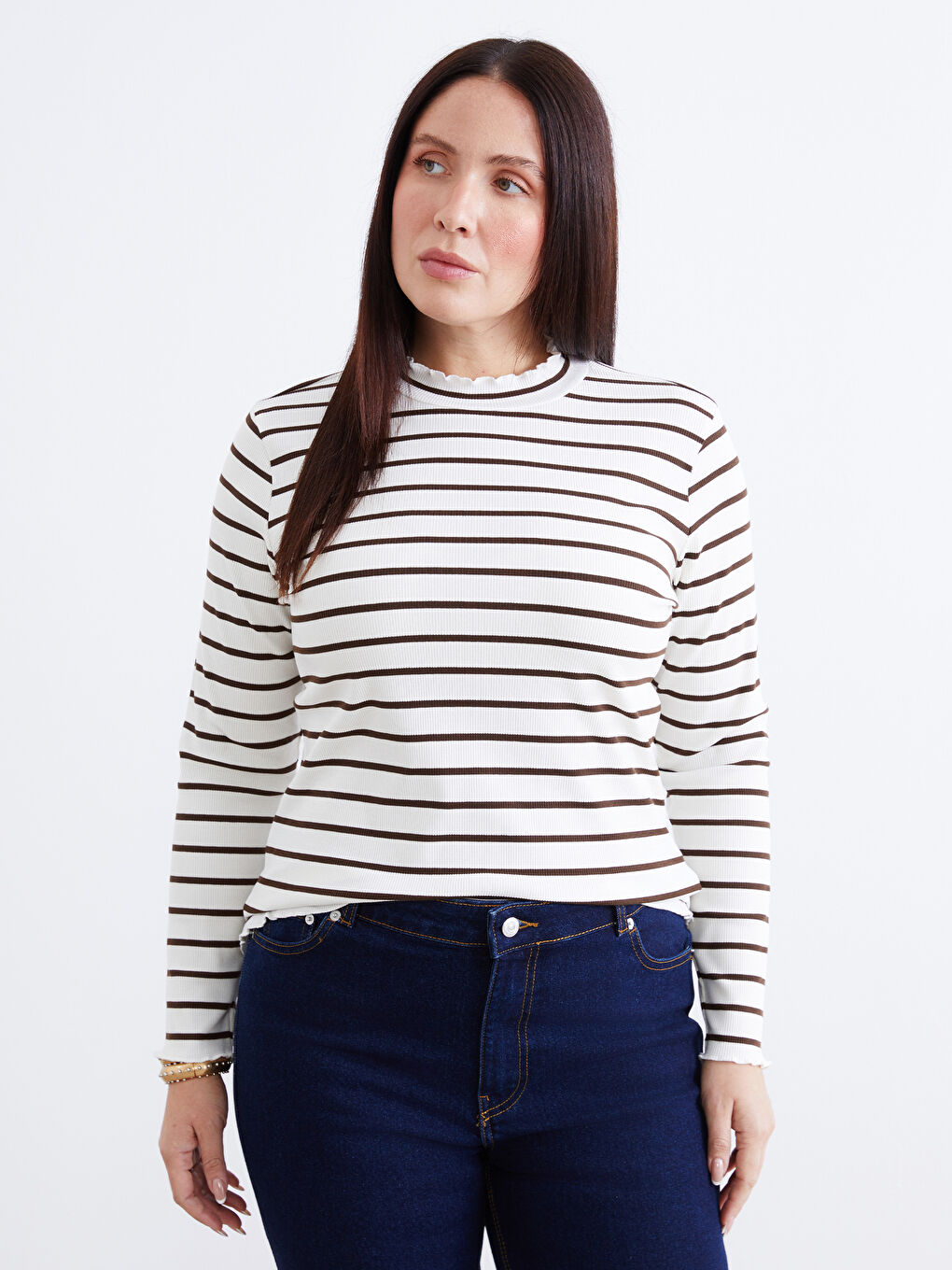 Kahverengi Dik Yaka Çizgili Kadın Body-1