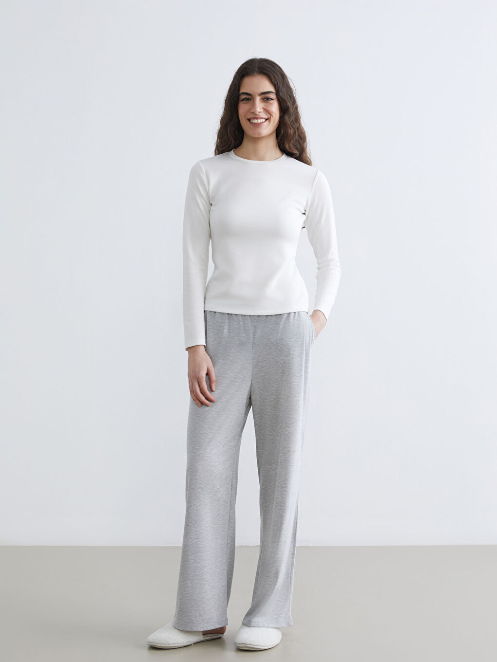 Gri Beli Lastikli Geniş Paça Kadın Pijama Altı