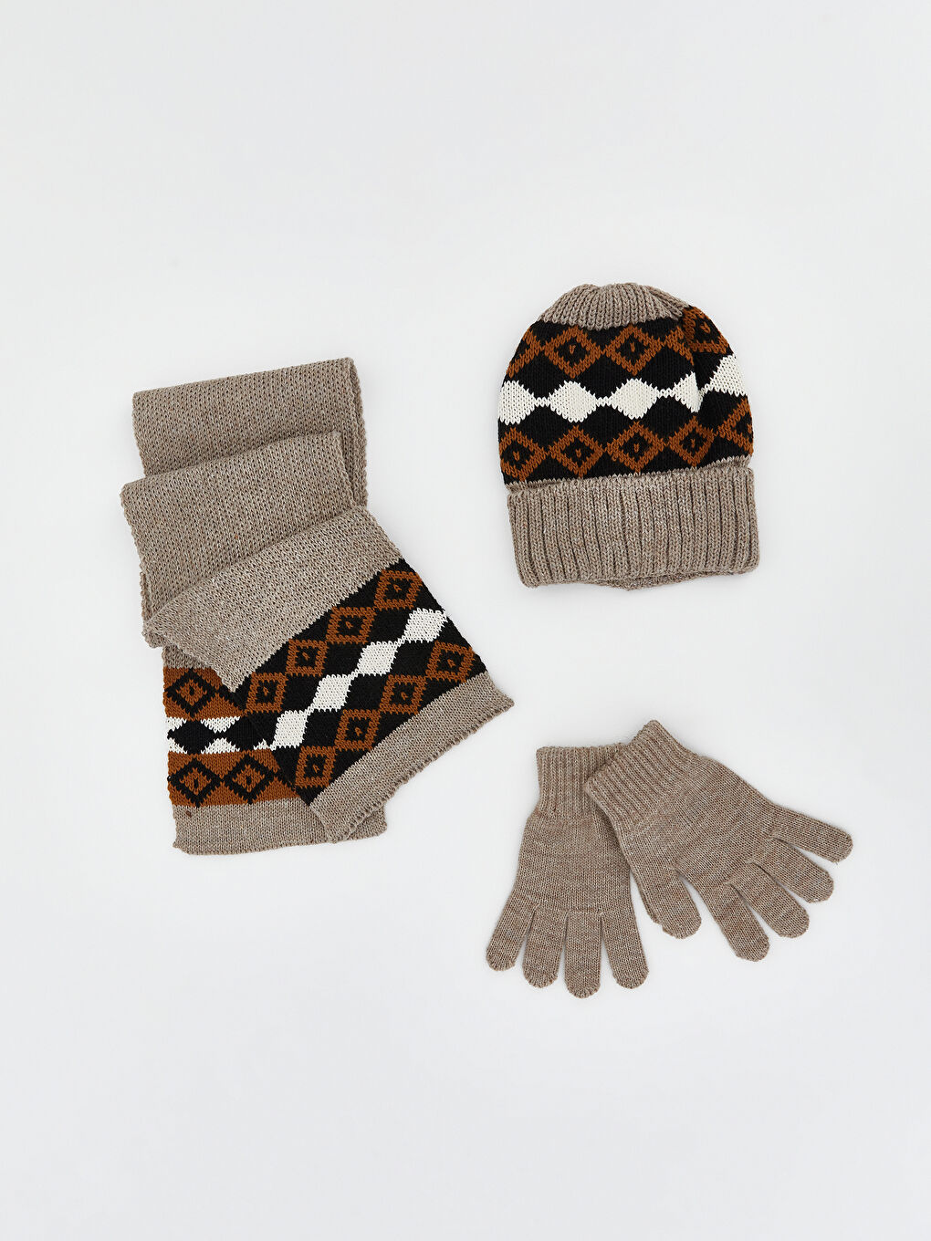 Kahverengi Desenli Erkek Çocuk Atkı Bere Eldiven Takım
