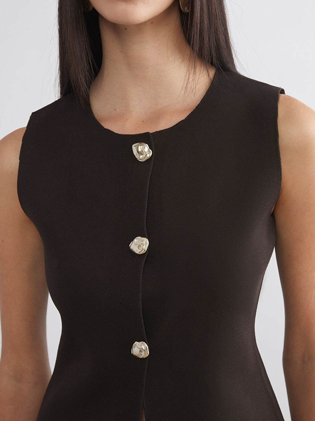 Kahverengi Bisiklet Yaka Kadın Triko Yelek-2