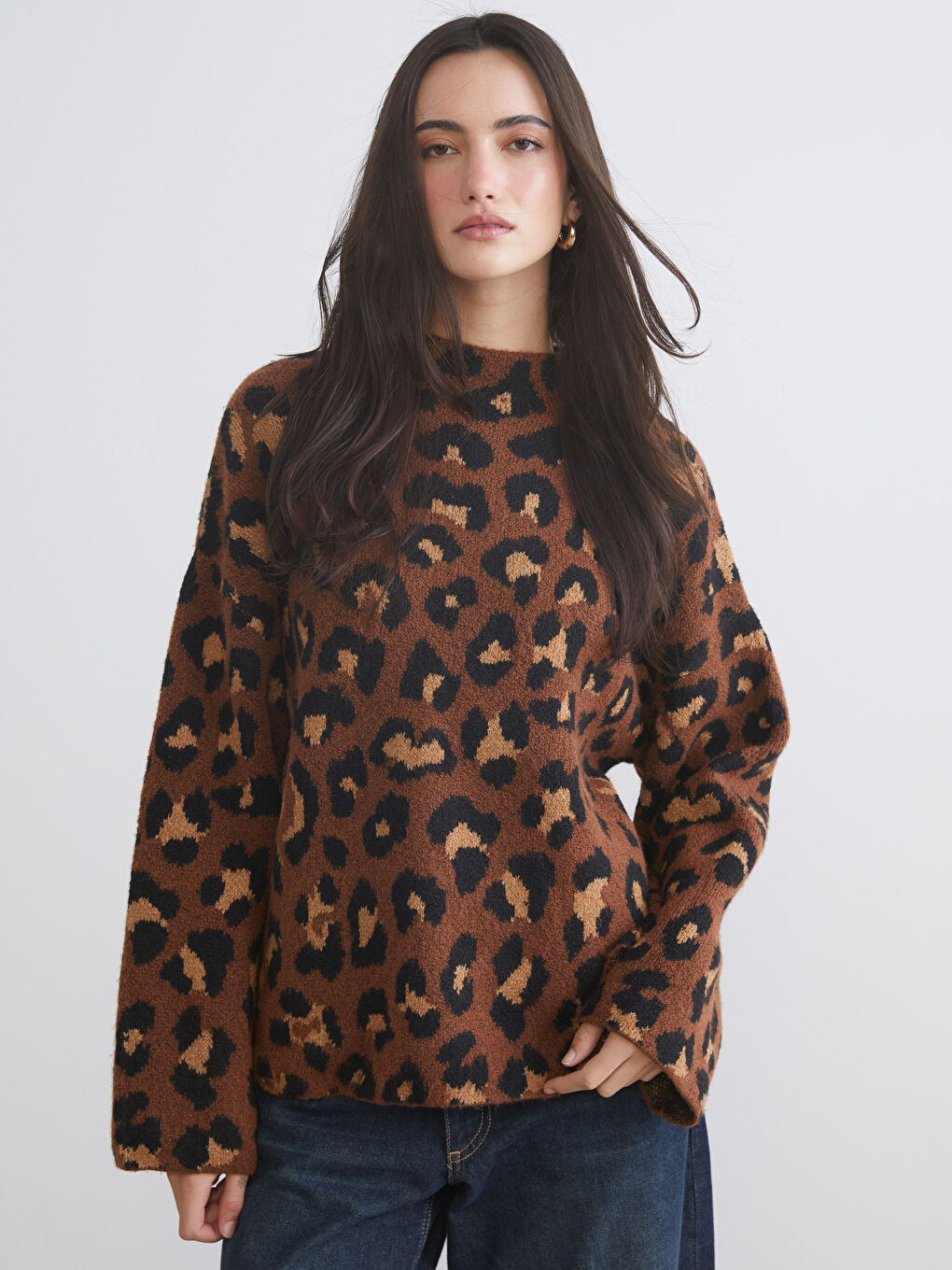 Funnel Neck Leopard Print Oversize Women's Knitwear Sweater