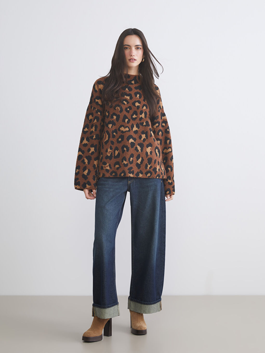 Funnel Neck Leopard Print Oversize Women's Knitwear Sweater-1