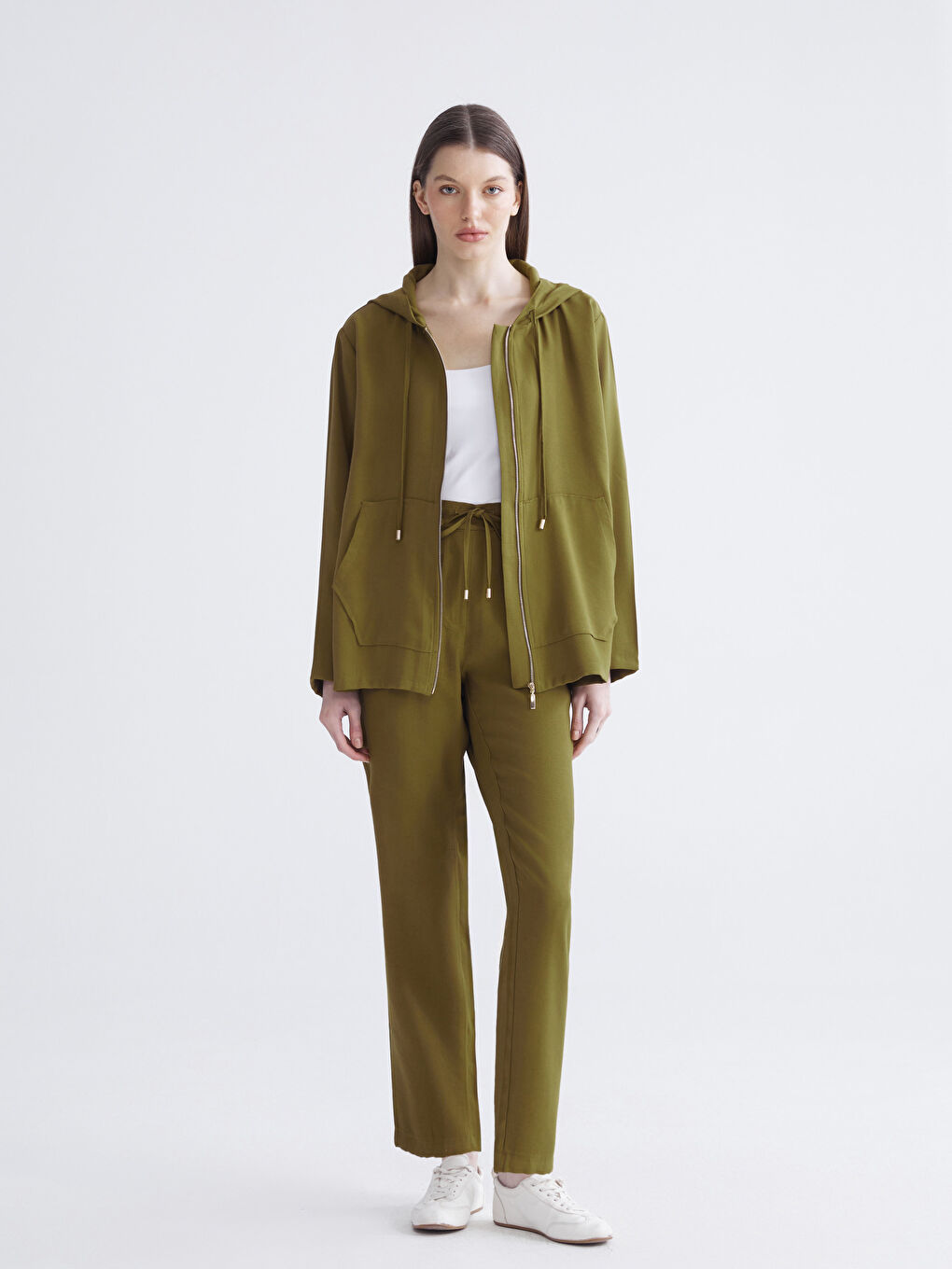 Haki Kapüşonlu Kadın Hırka-2