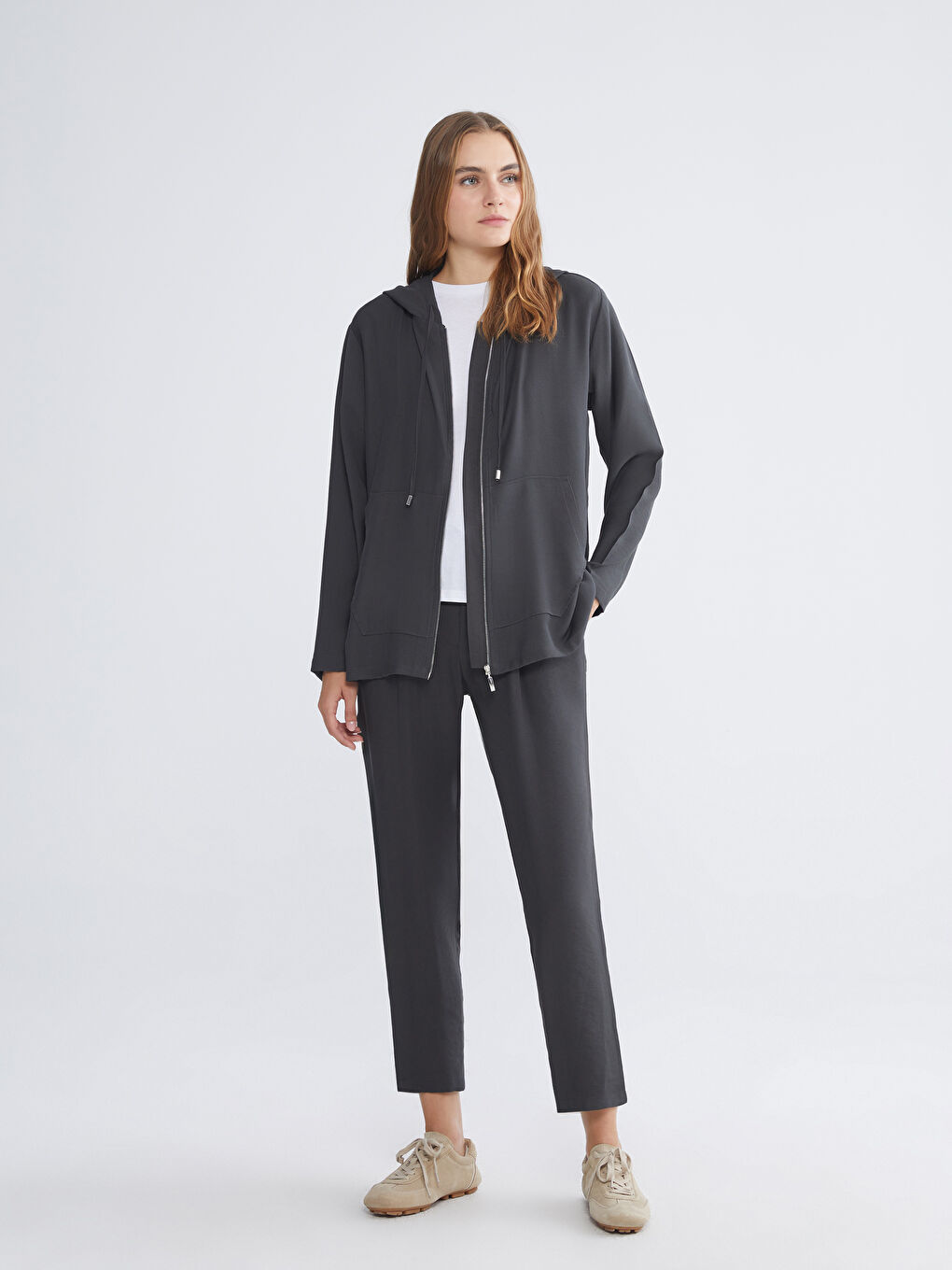 Antrasit Kapüşonlu Kadın Hırka-1