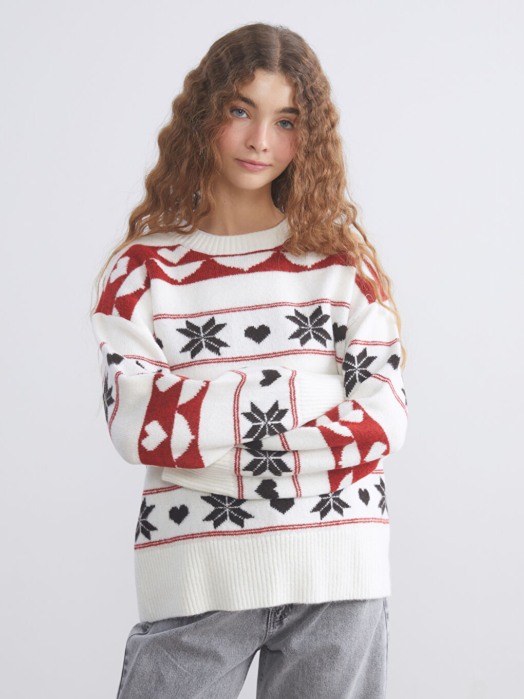 Bisiklet Yaka Desenli Kadın Triko Kazak