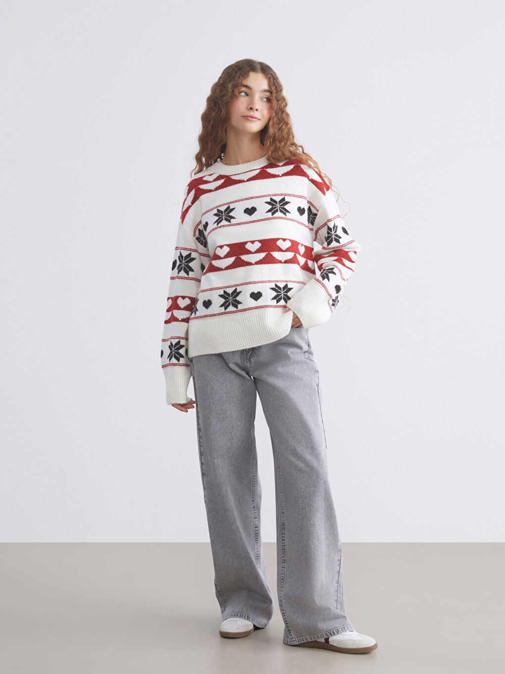 Bisiklet Yaka Desenli Kadın Triko Kazak-1