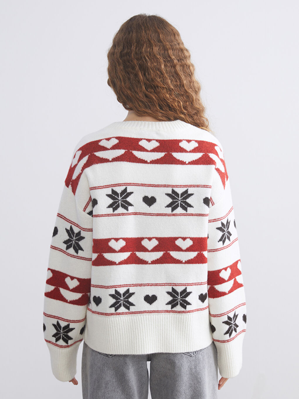 Bisiklet Yaka Desenli Kadın Triko Kazak-3