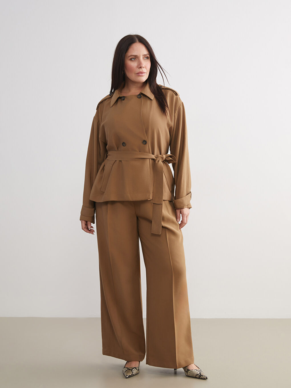 Kahverengi Loose Fit Geniş Paça Kadın Pantolon-1