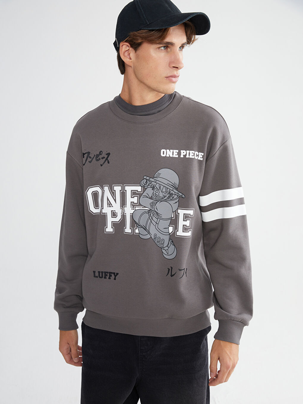 Gri Bisiklet Yaka One Piece Baskılı Erkek Sweatshirt