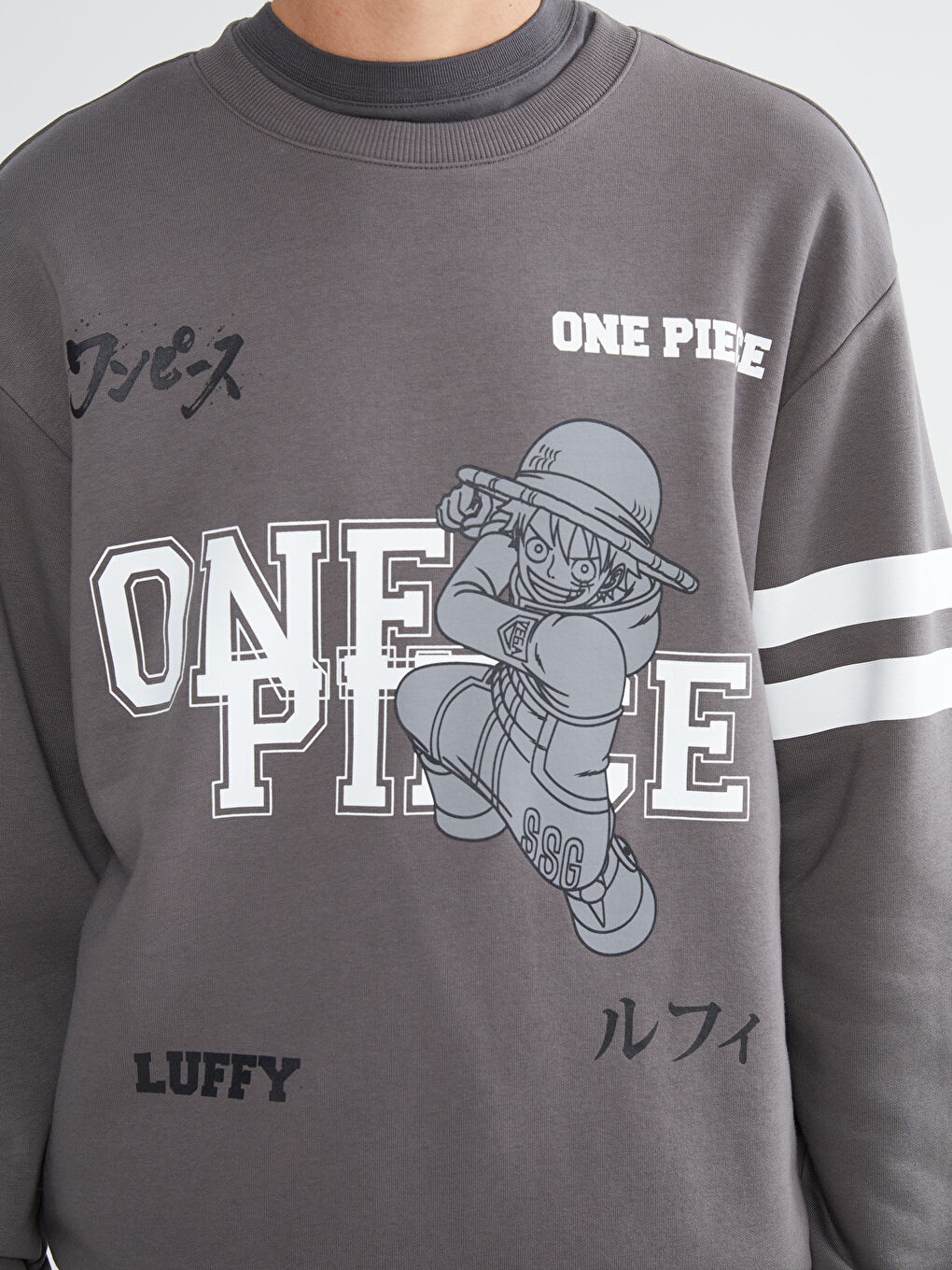 Gri Bisiklet Yaka One Piece Baskılı Erkek Sweatshirt-2