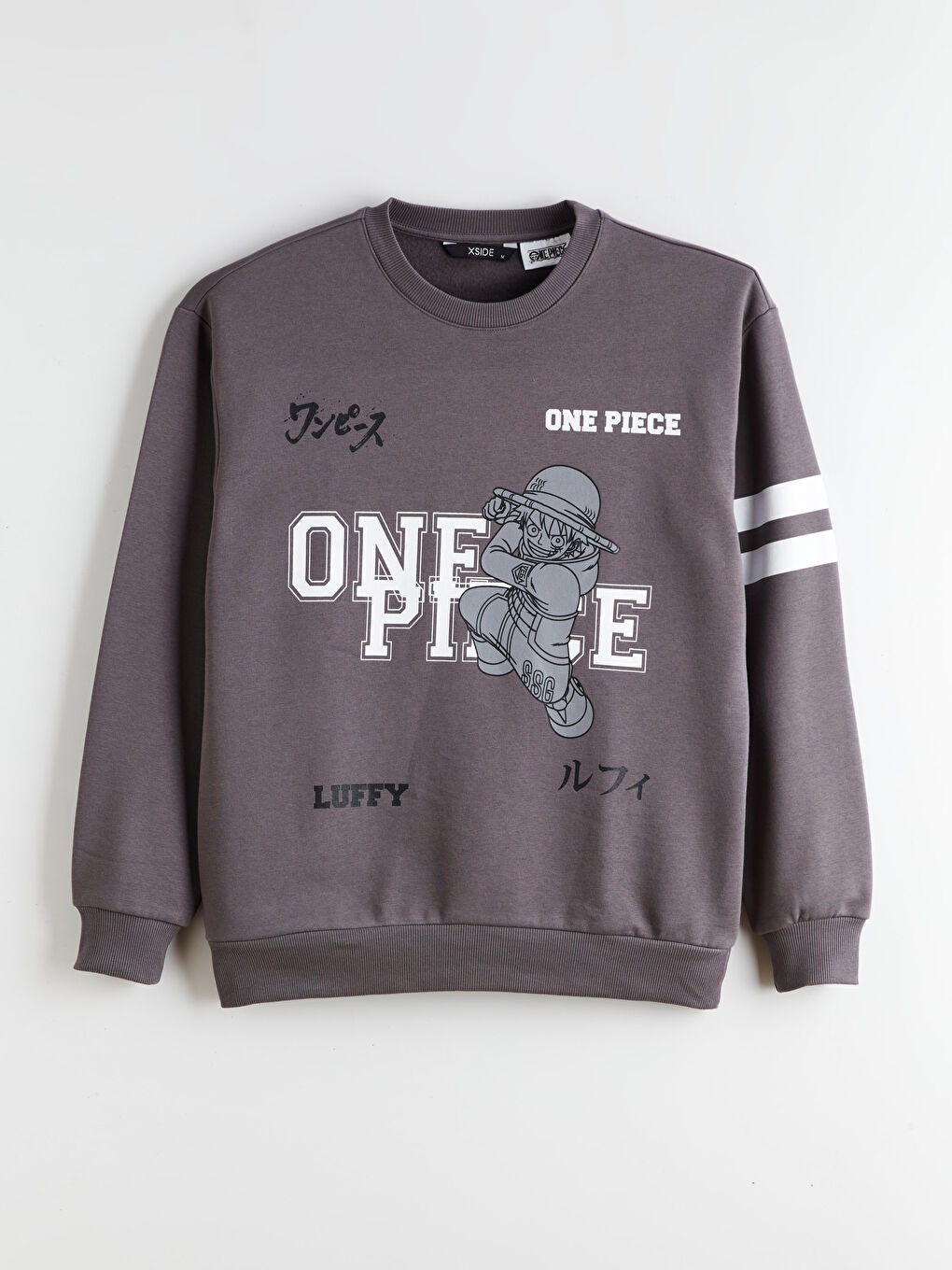 Gri Bisiklet Yaka One Piece Baskılı Erkek Sweatshirt-4