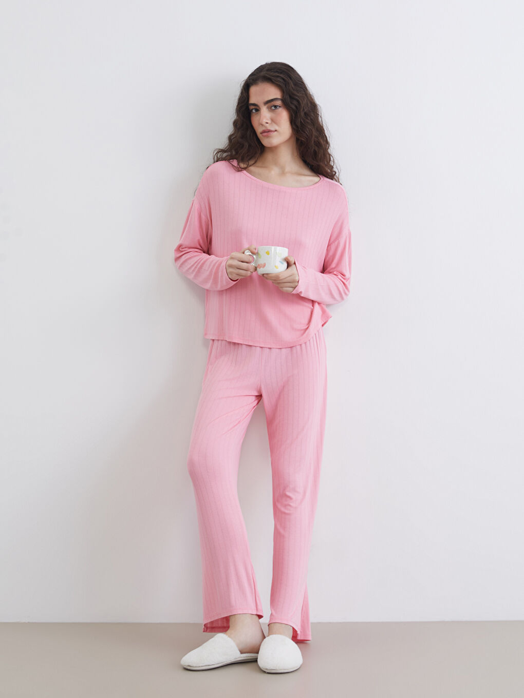 Pembe Bisiklet Yaka Kadın Pijama Takımı-1