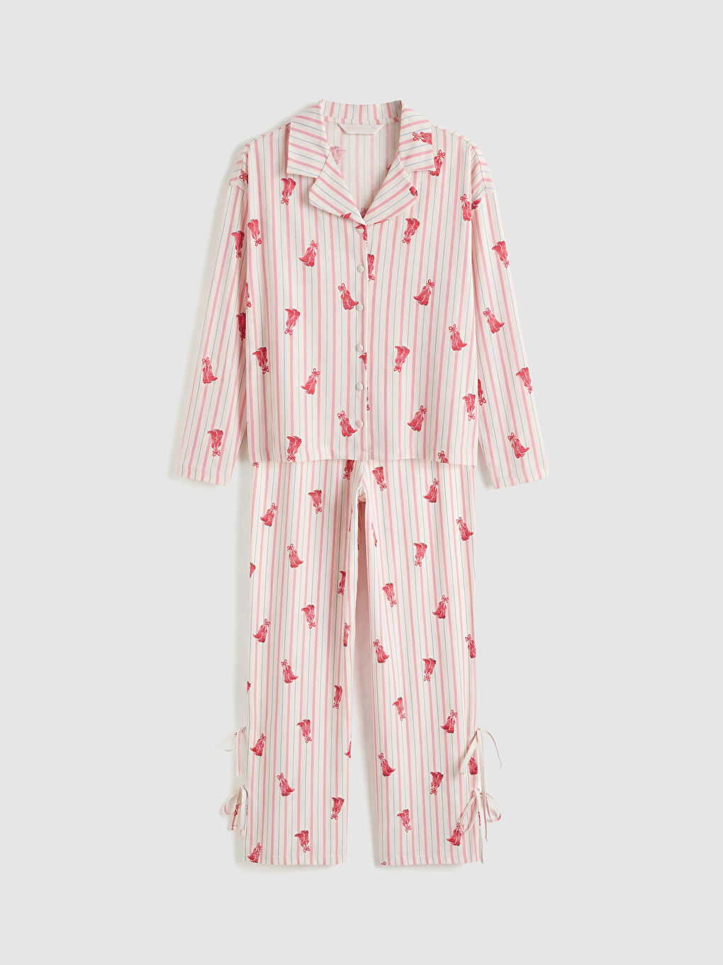 Ekru Gömlek Yaka Desenli Kadın Pijama Takım-4