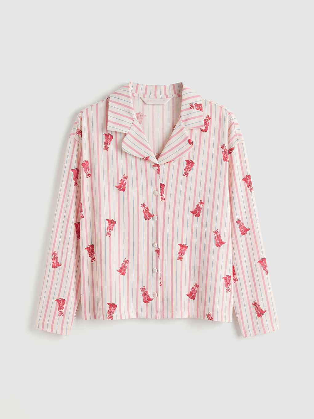 Ekru Gömlek Yaka Desenli Kadın Pijama Takım-5