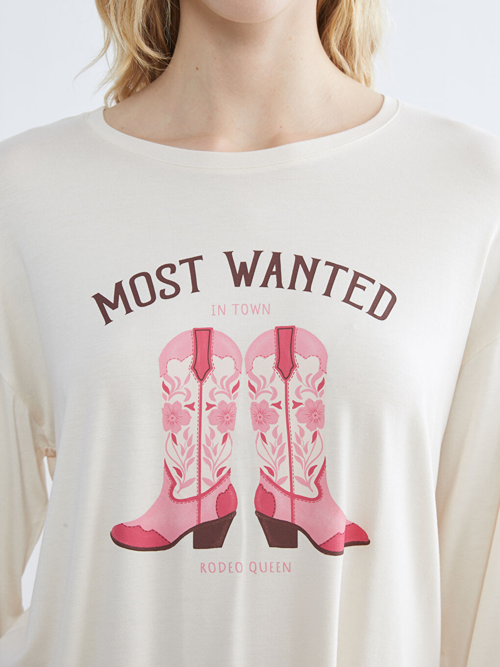 Ekru Bisiklet Yaka Baskılı Kadın Pijama Takımı-2