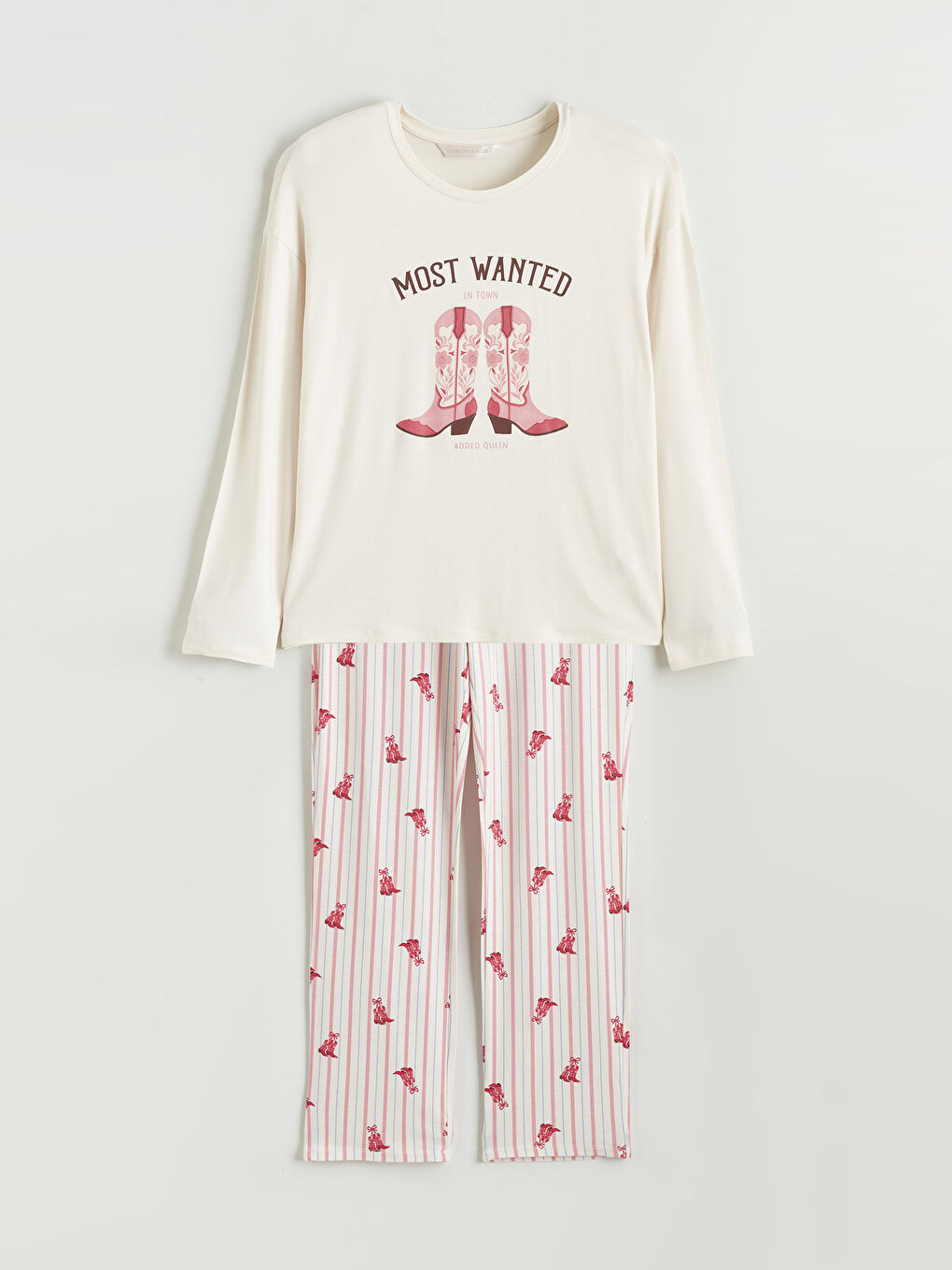 Ekru Bisiklet Yaka Baskılı Kadın Pijama Takımı-4