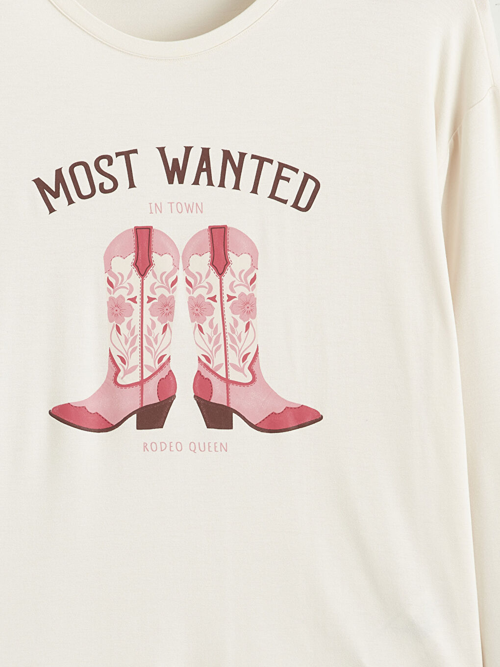 Ekru Bisiklet Yaka Baskılı Kadın Pijama Takımı-7