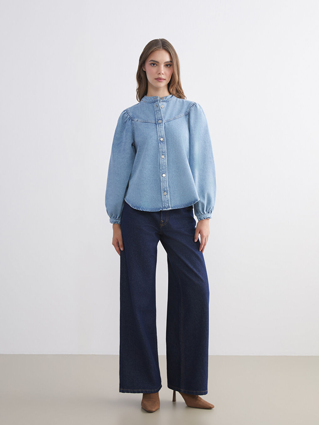 İndigo Balon Kollu Kadın Jean Gömlek-1