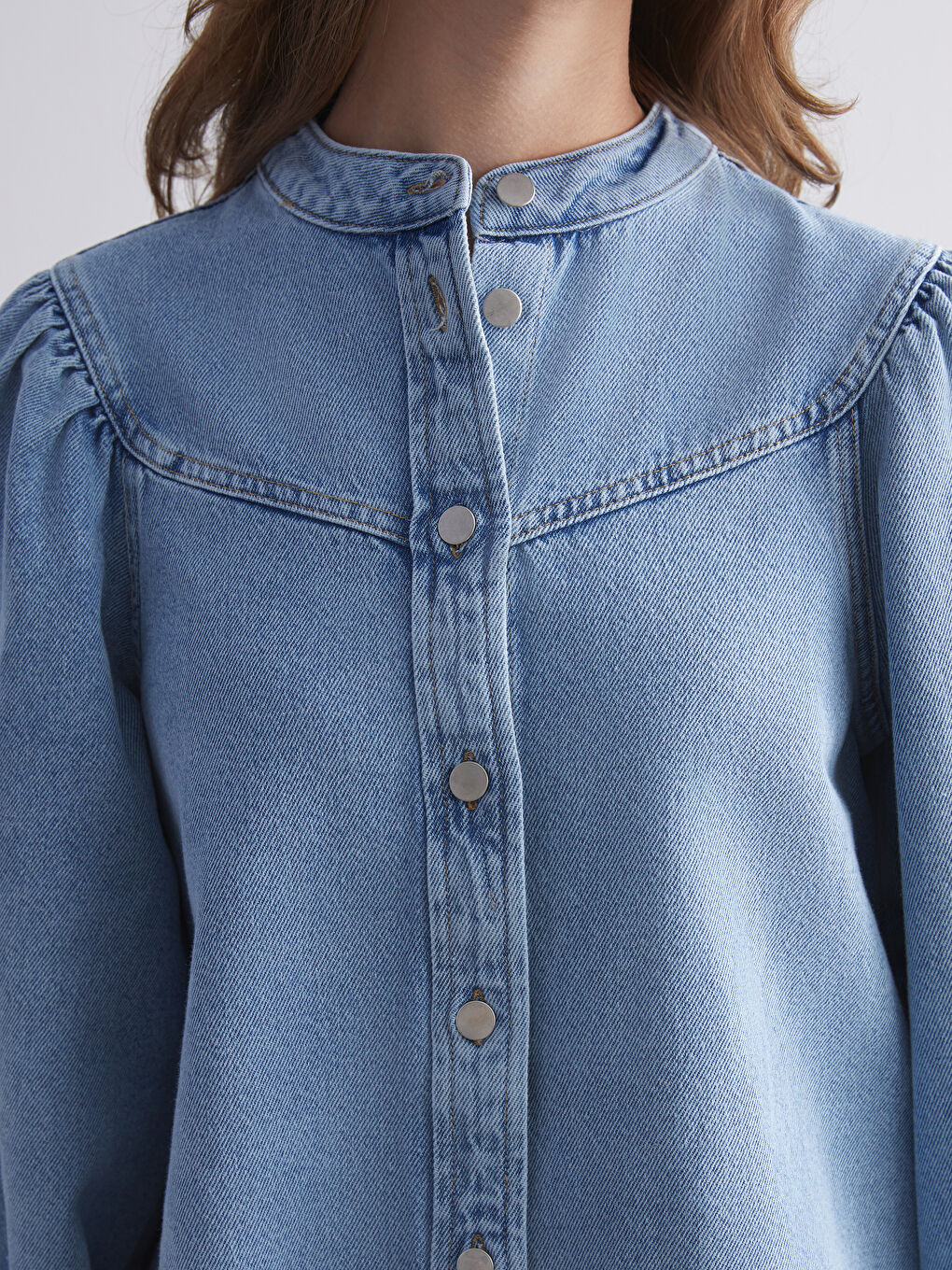 İndigo Balon Kollu Kadın Jean Gömlek-2