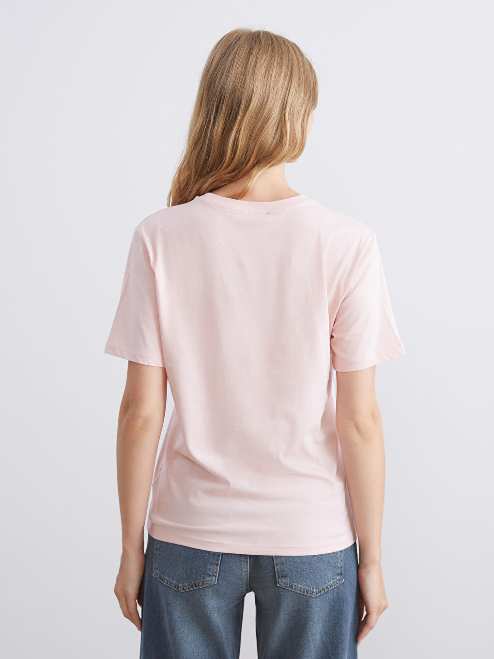 Pembe Bisiklet Yaka Dantel Cepli Kadın Tişört-3