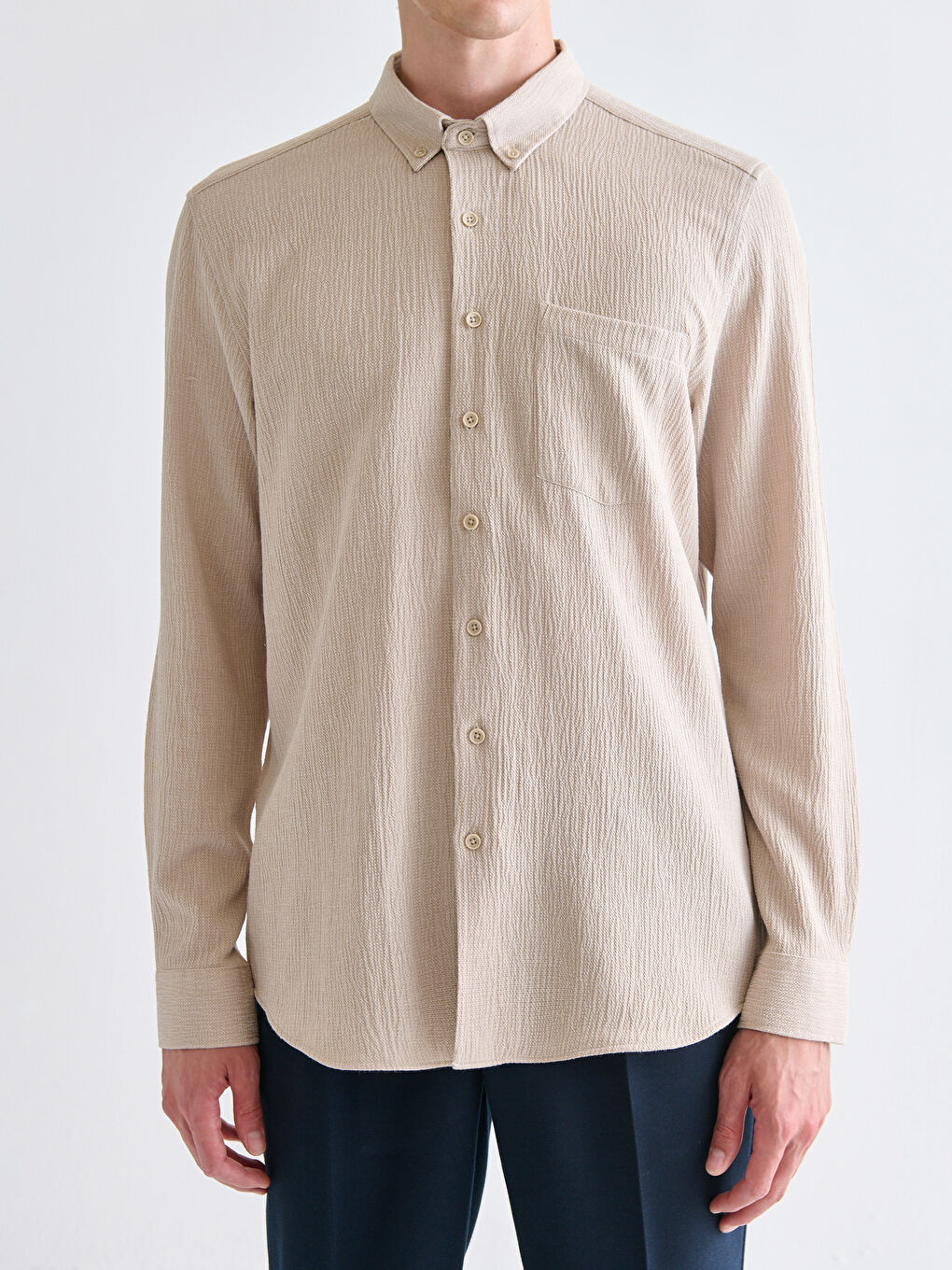Bej Regular Fit Uzun Kollu Armürlü Erkek Gömlek-2