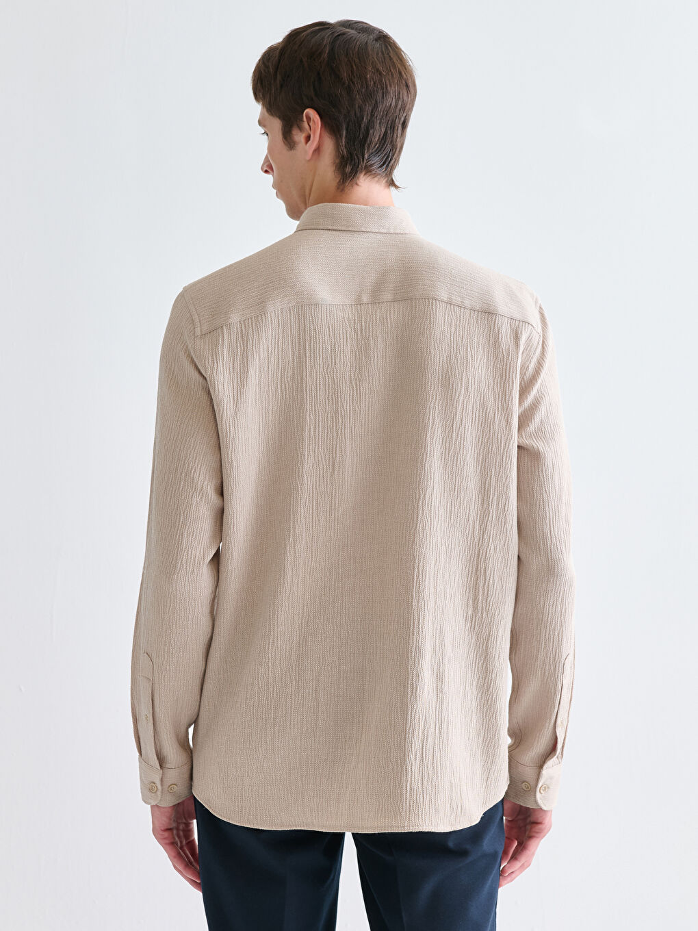Bej Regular Fit Uzun Kollu Armürlü Erkek Gömlek-3