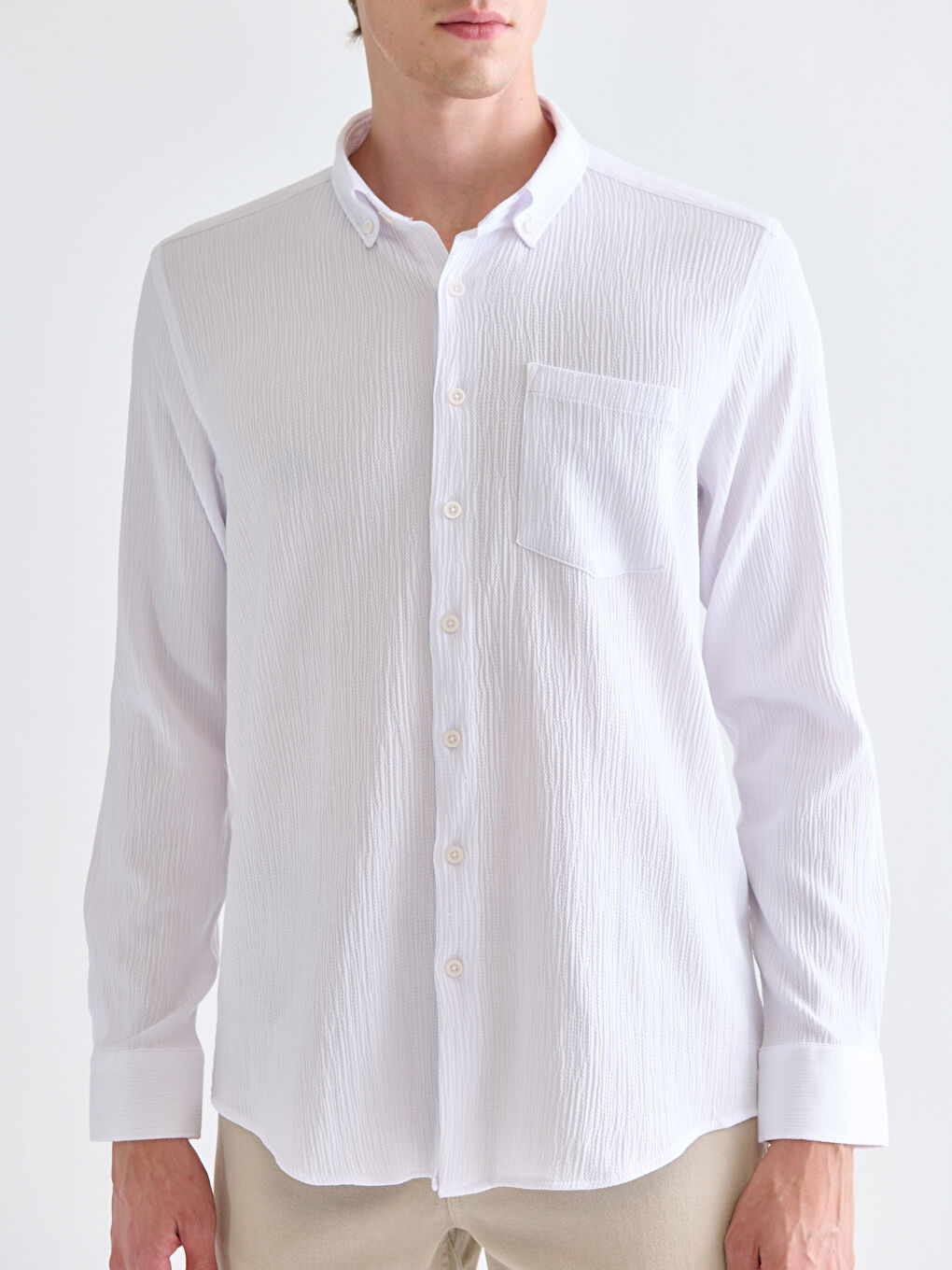 Beyaz Regular Fit Uzun Kollu Armürlü Erkek Gömlek-2