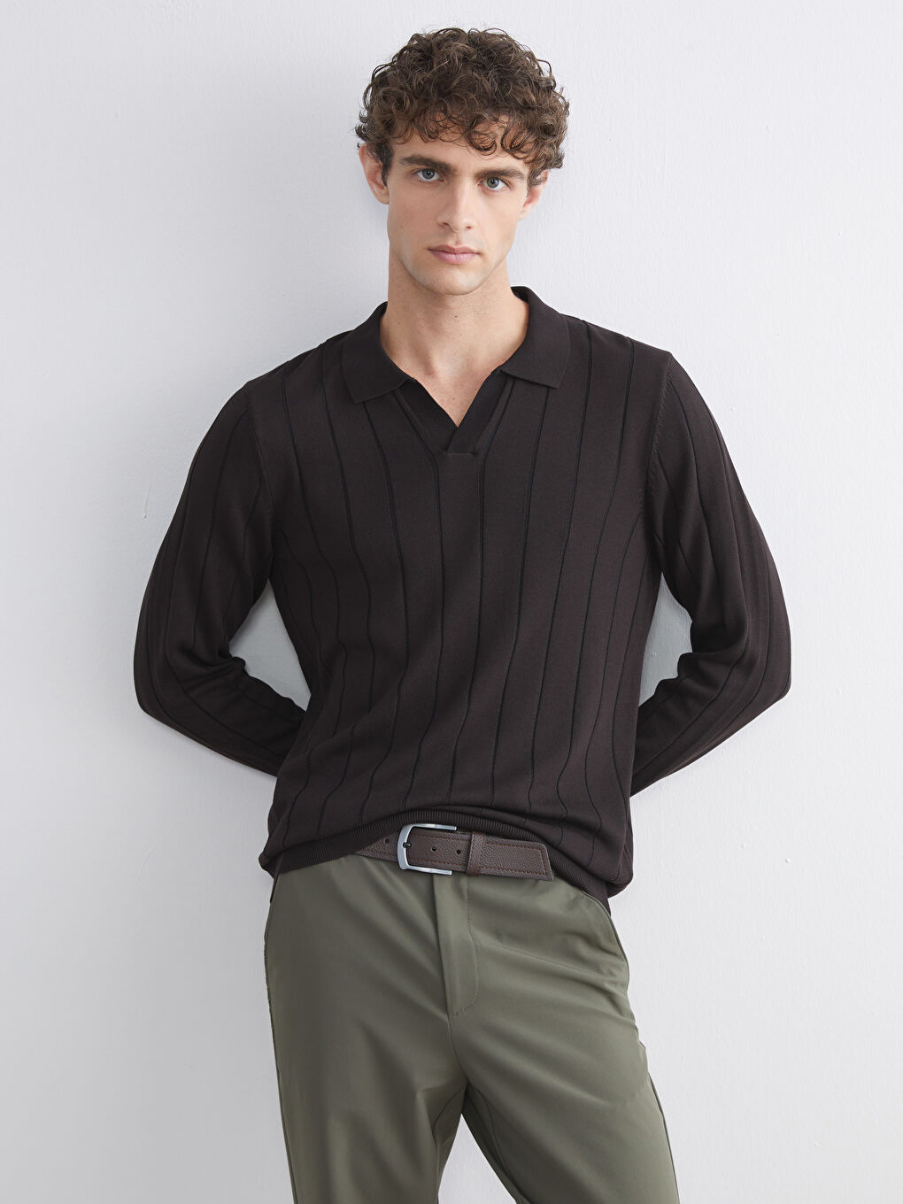 Kahverengi Polo Yaka Erkek Triko Kazak