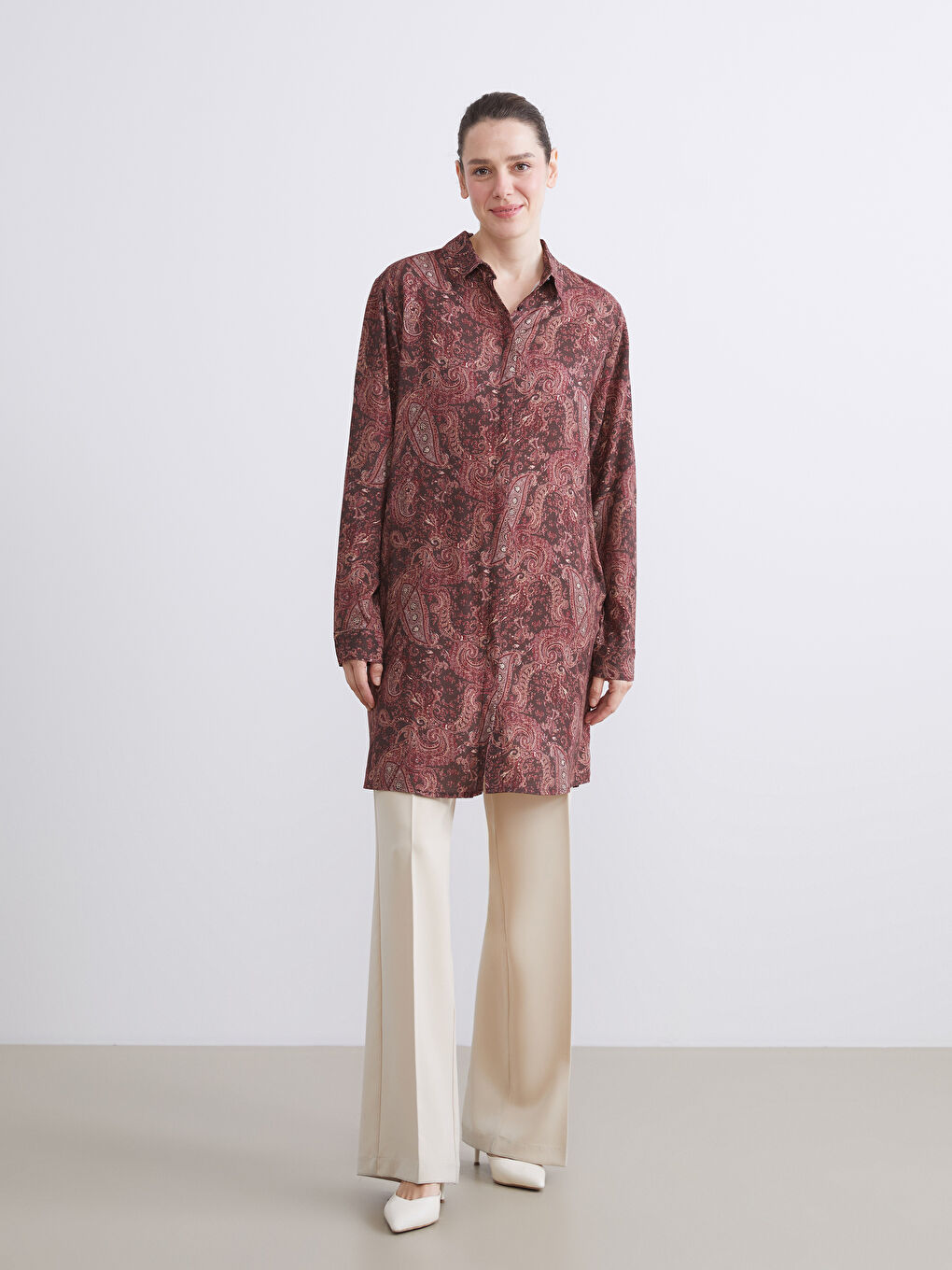 Kahverengi Desenli Kadın Gömlek Tunik-1