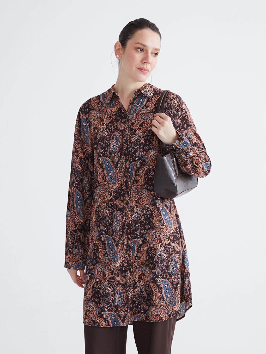 Kahverengi Desenli Kadın Gömlek Tunik-1