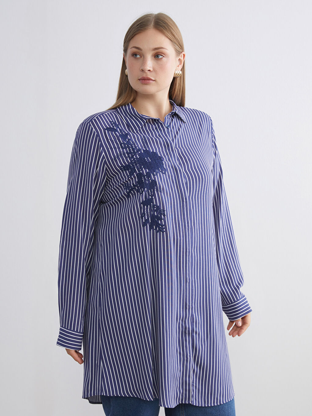 Lacivert Çizgili Kadın Gömlek Tunik-1