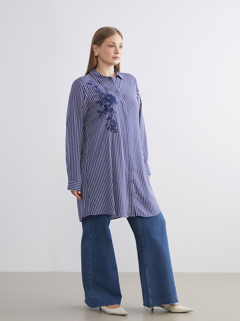Lacivert Çizgili Kadın Gömlek Tunik-5