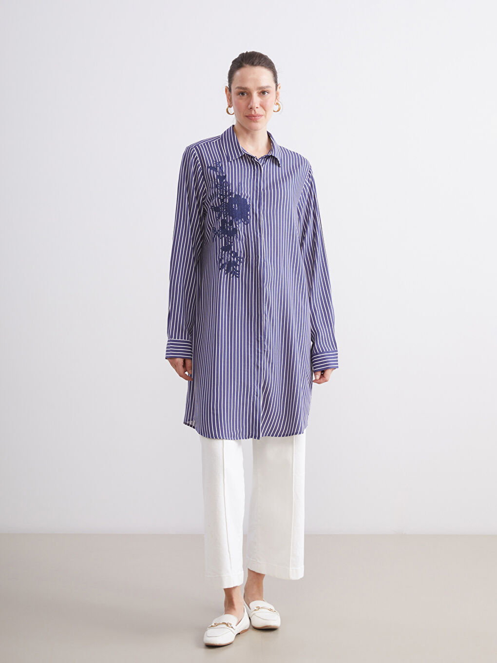 Lacivert Çizgili Kadın Gömlek Tunik