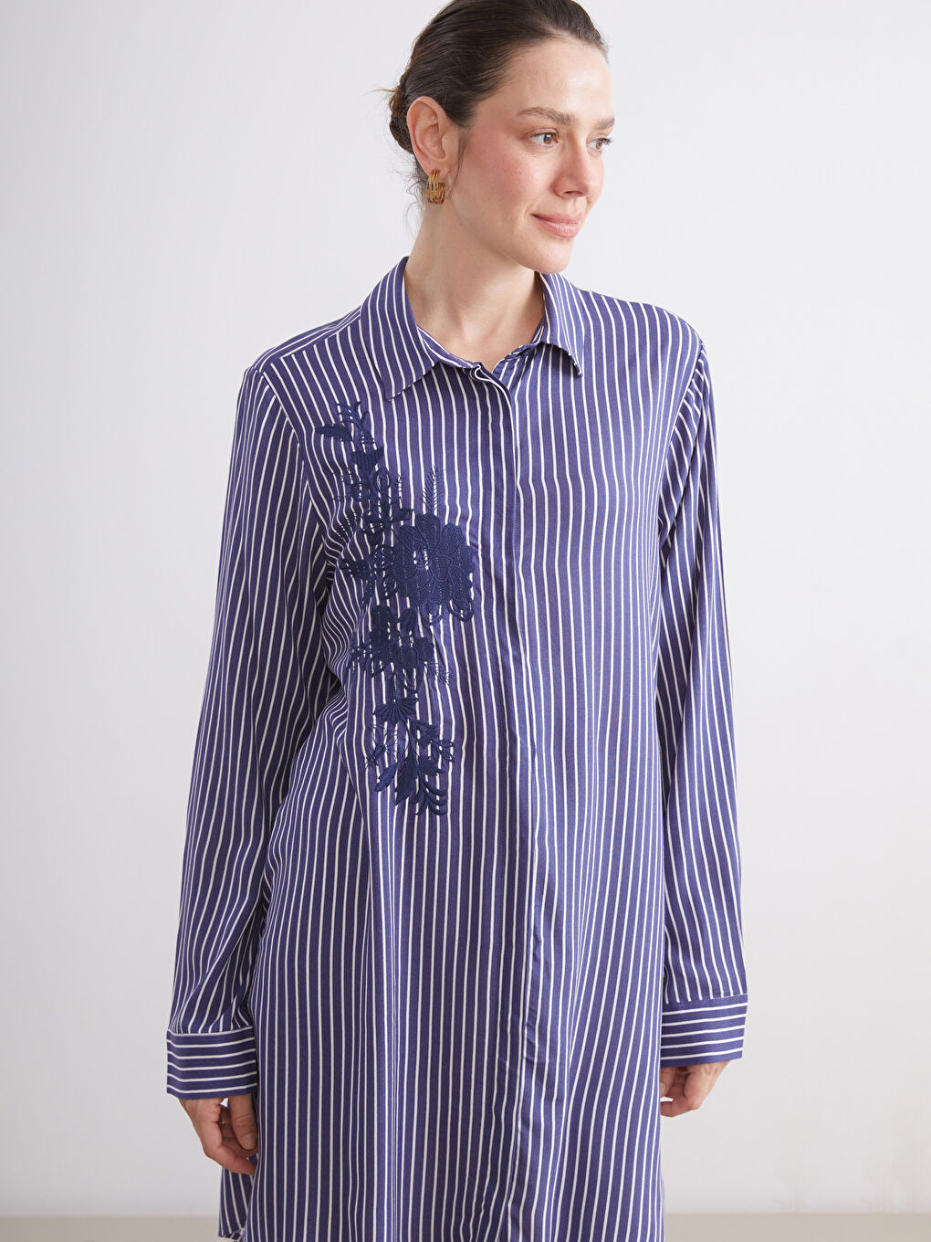 Lacivert Çizgili Kadın Gömlek Tunik-2