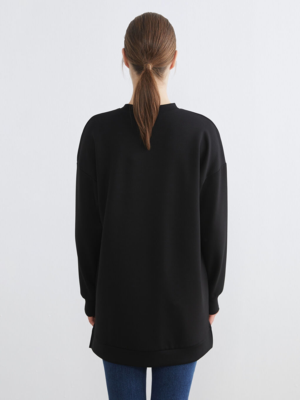 Siyah Bisiklet Yaka Kadın Sweatshirt Tunik-4