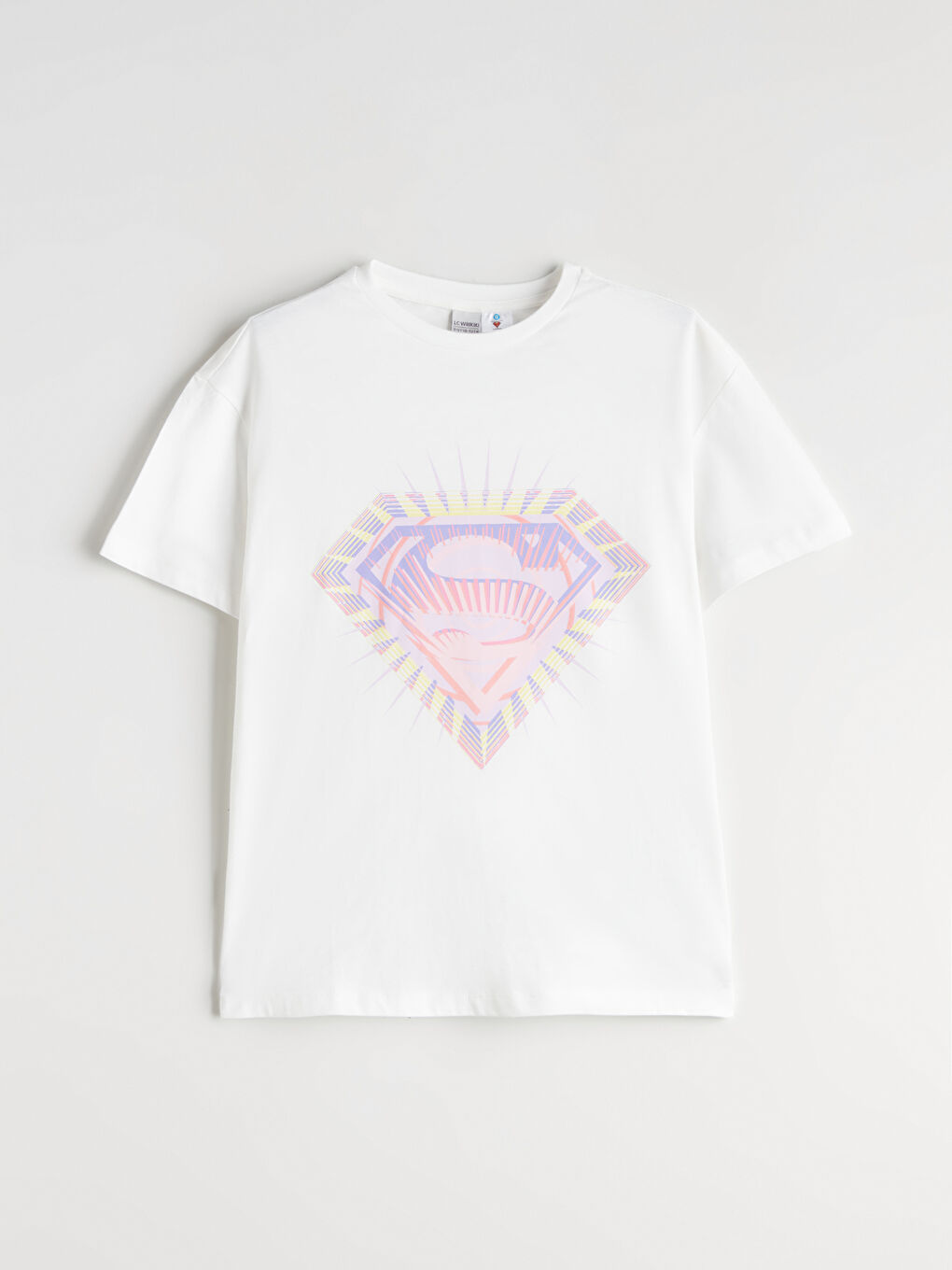 Ekru Bisiklet Yaka Superman Baskılı Kız Çocuk Tişört