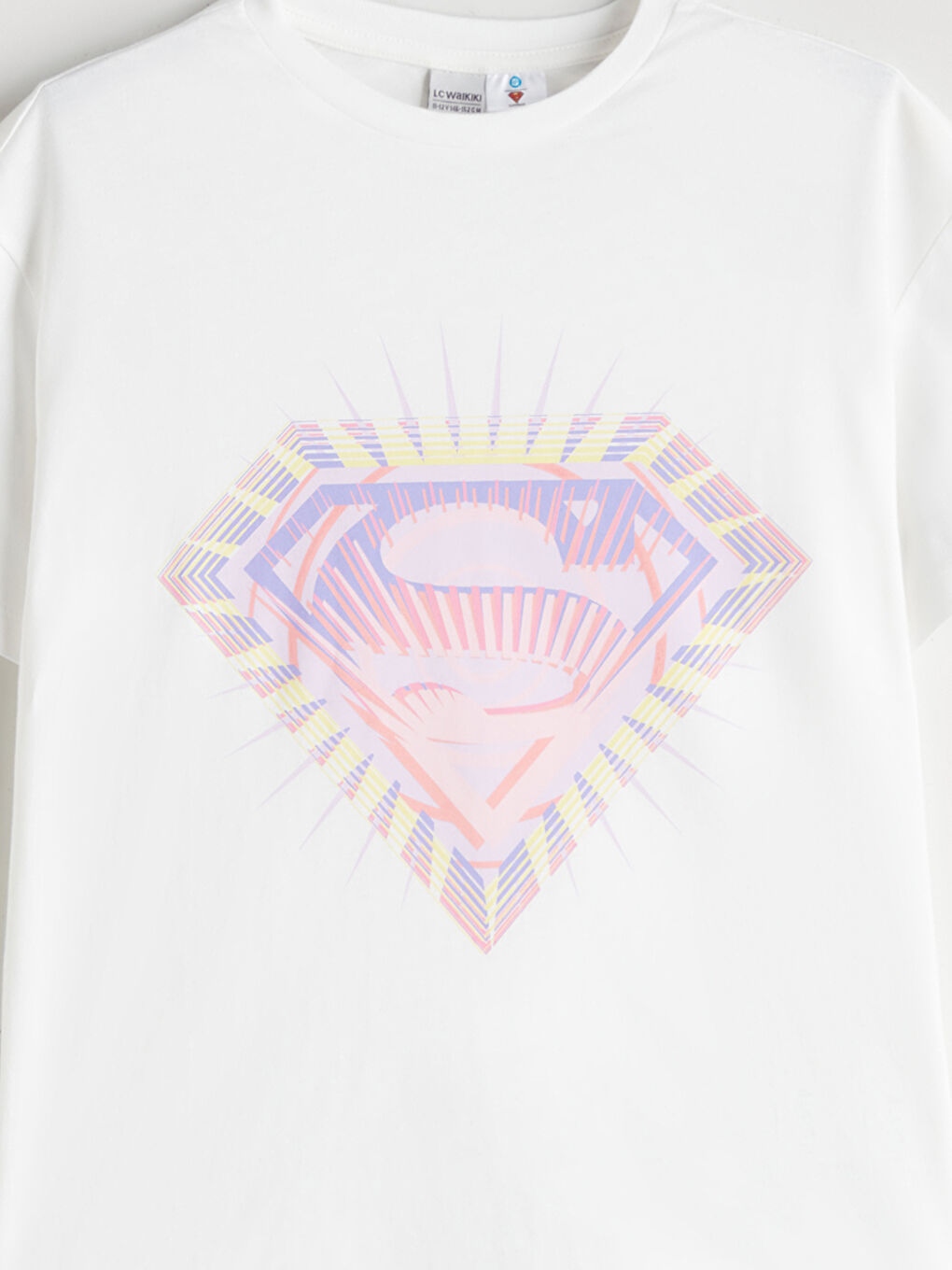 Ekru Bisiklet Yaka Superman Baskılı Kız Çocuk Tişört-1