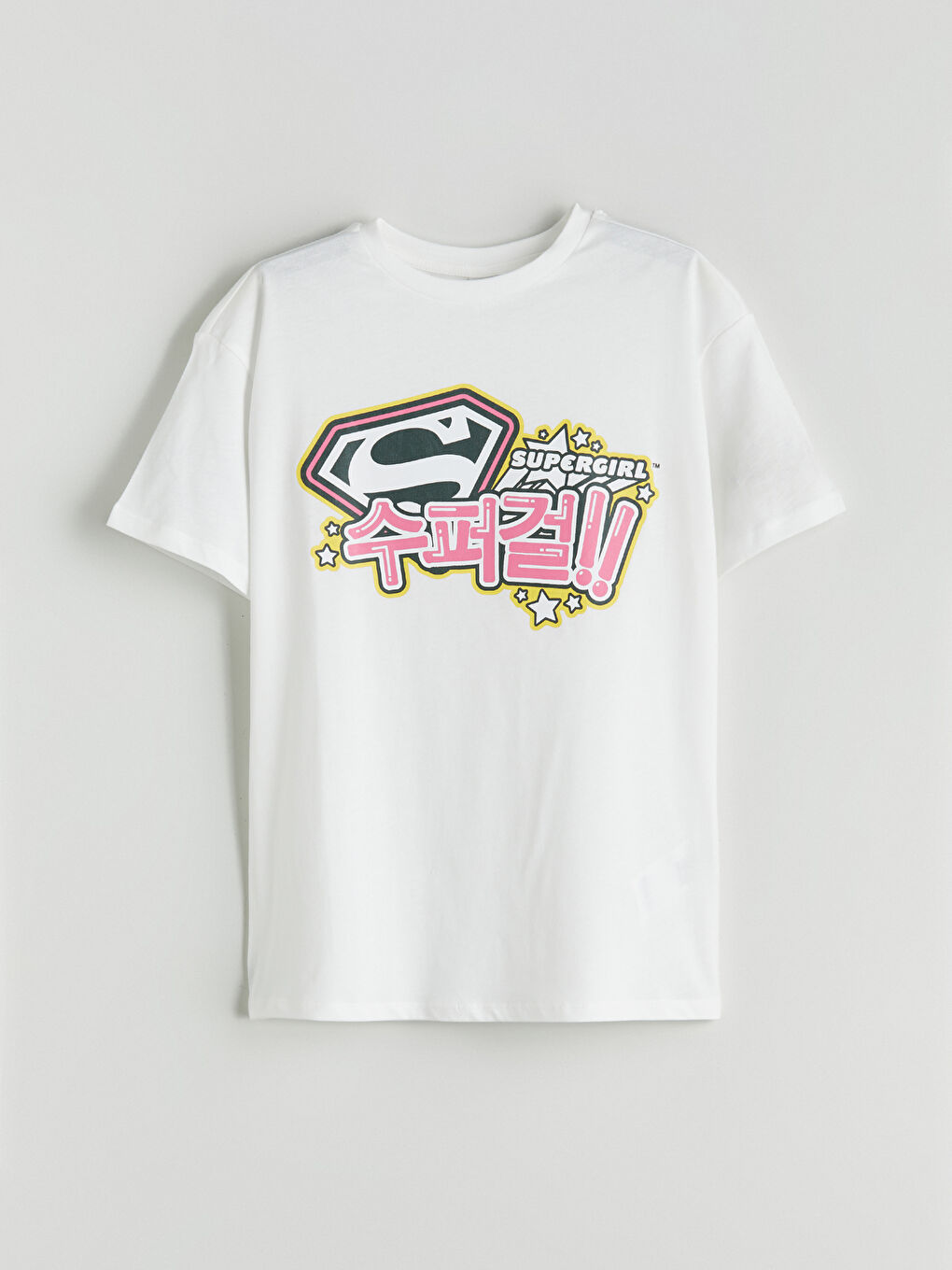 Ekru Bisiklet Yaka Superman Baskılı Kız Çocuk Tişört