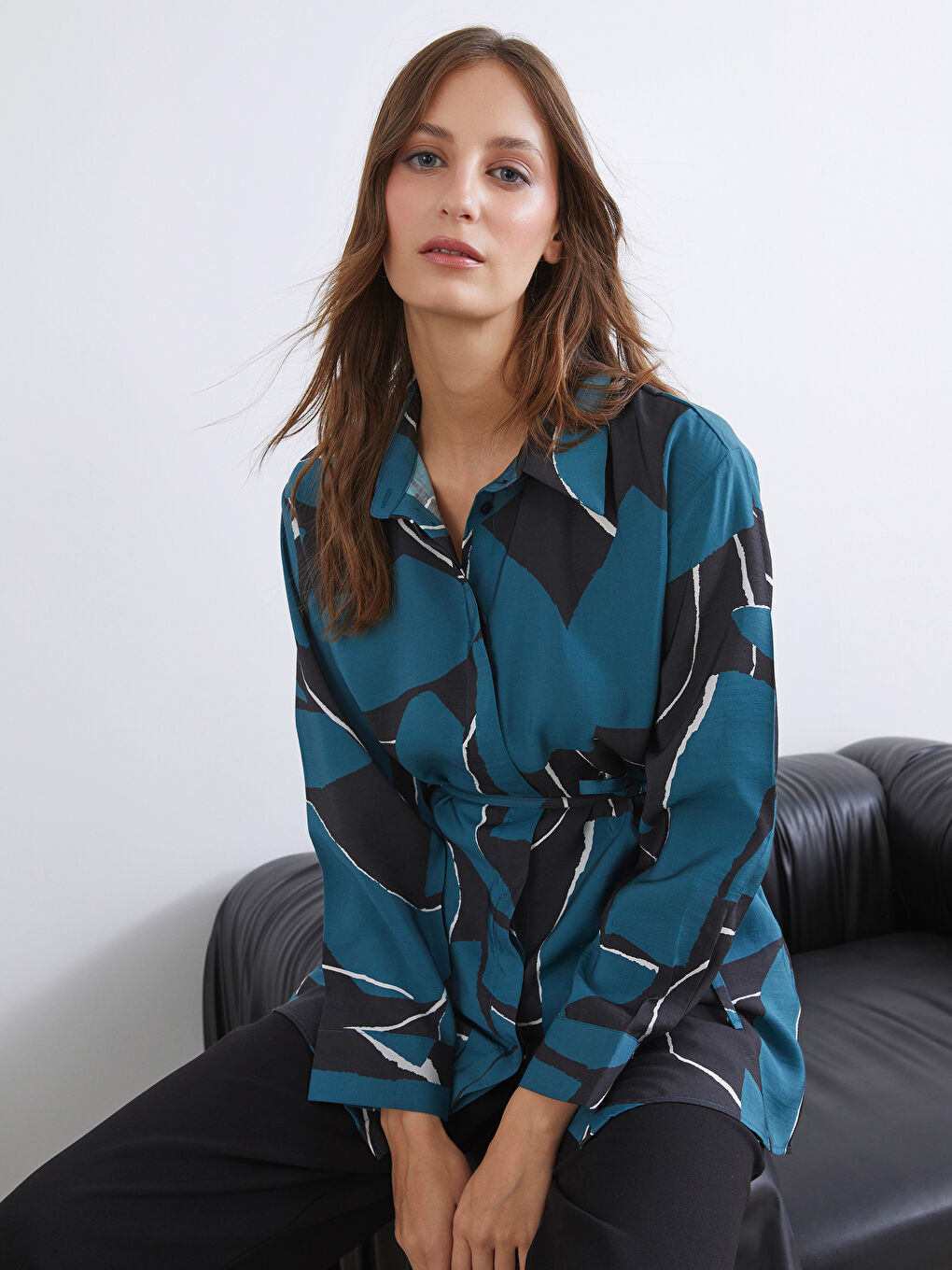 Yeşil Modal Karışımlı Desenli Kadın Gömlek Tunik