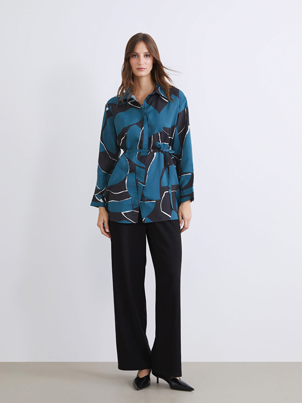 Yeşil Modal Karışımlı Desenli Kadın Gömlek Tunik-1