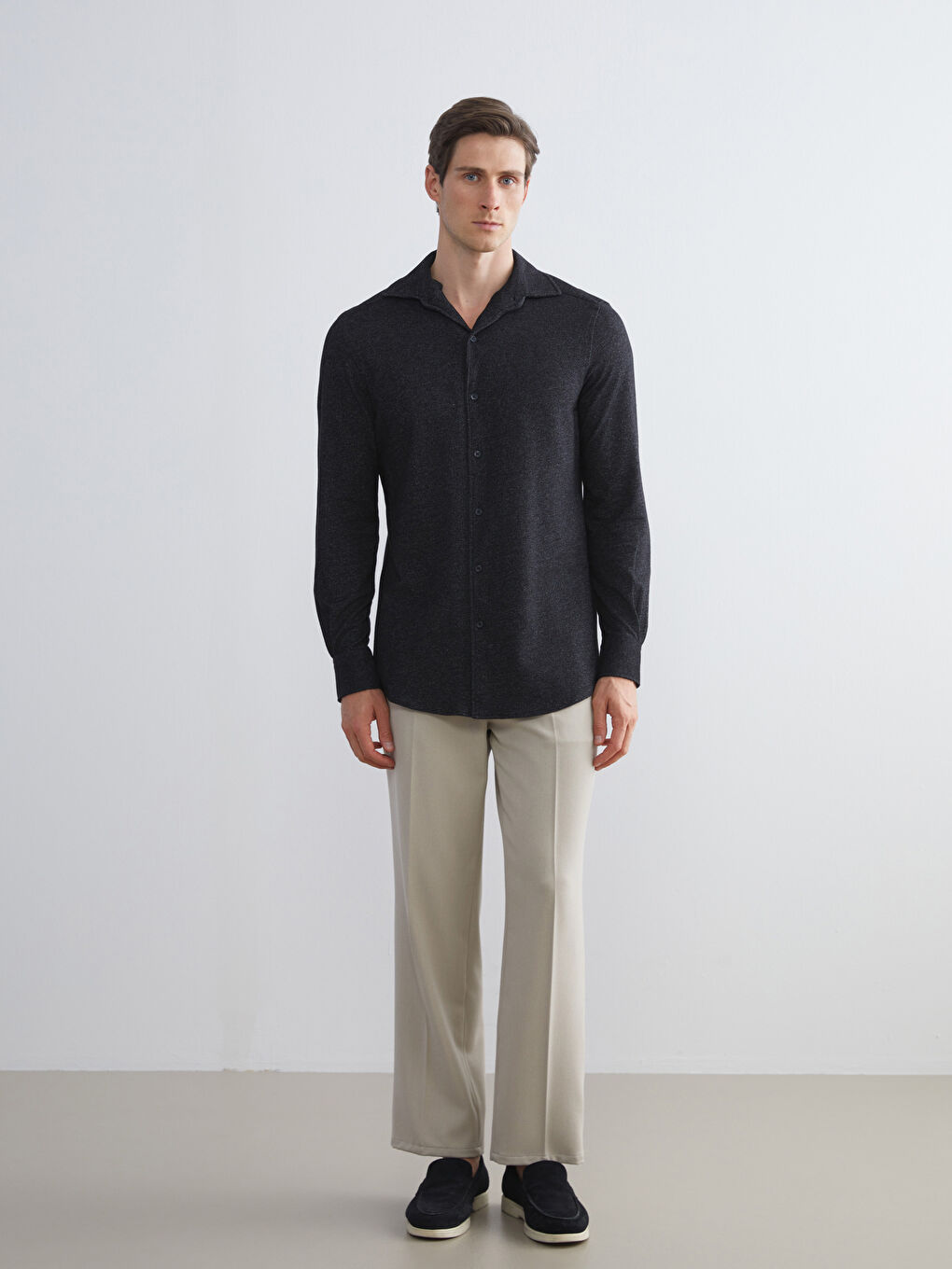 Antrasit Dar Kalıp Uzun Kollu Erkek Gömlek-1