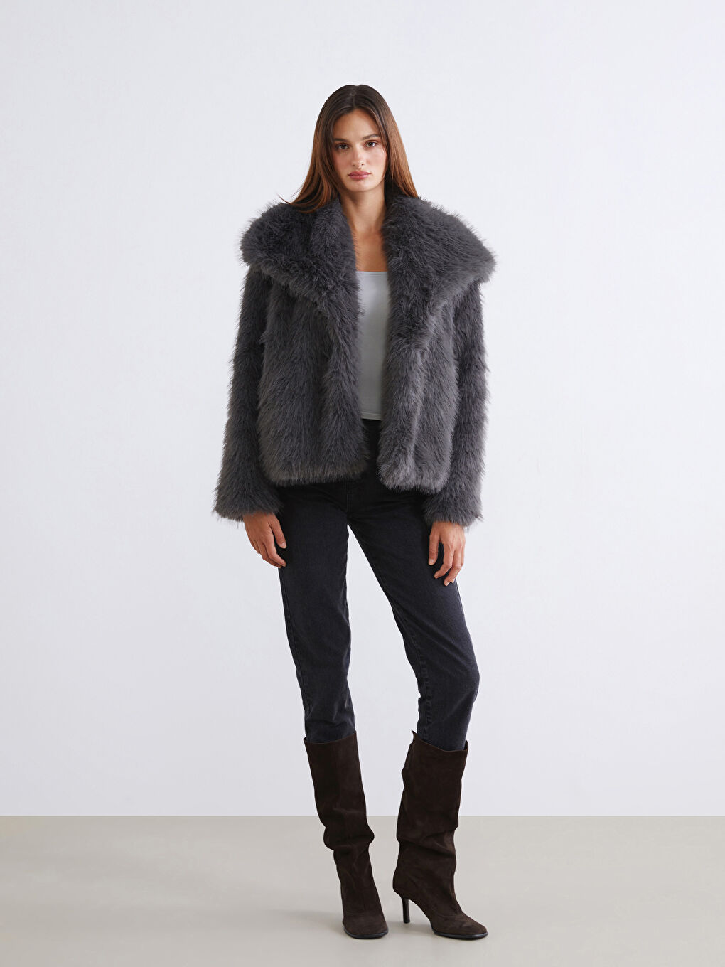 Gri Ceket Yaka Kadın Kürk Mont-1