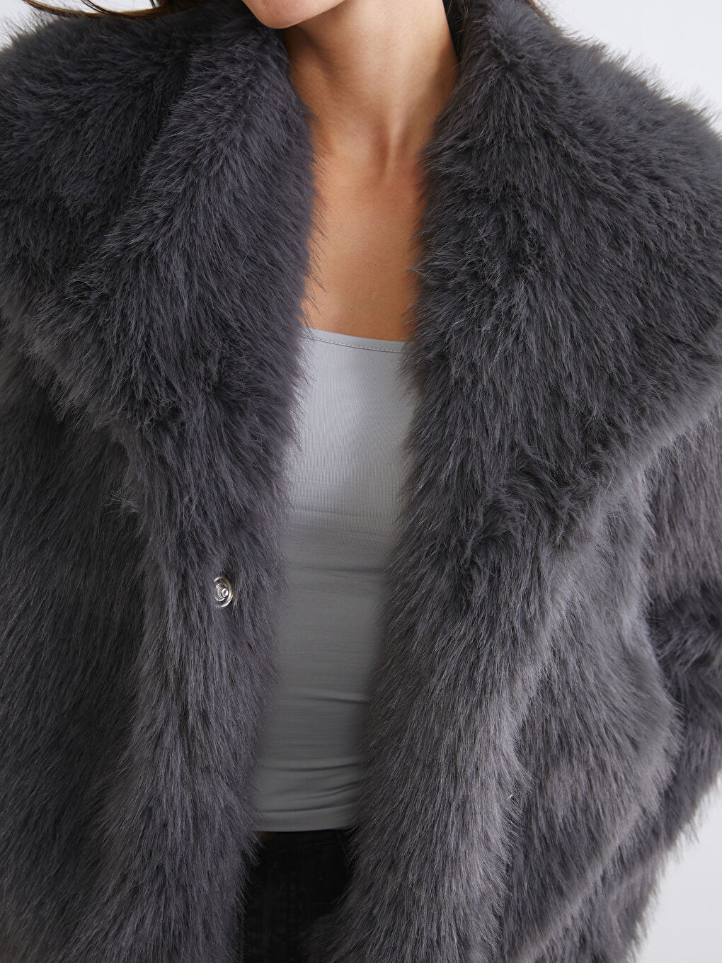 Gri Ceket Yaka Kadın Kürk Mont-2