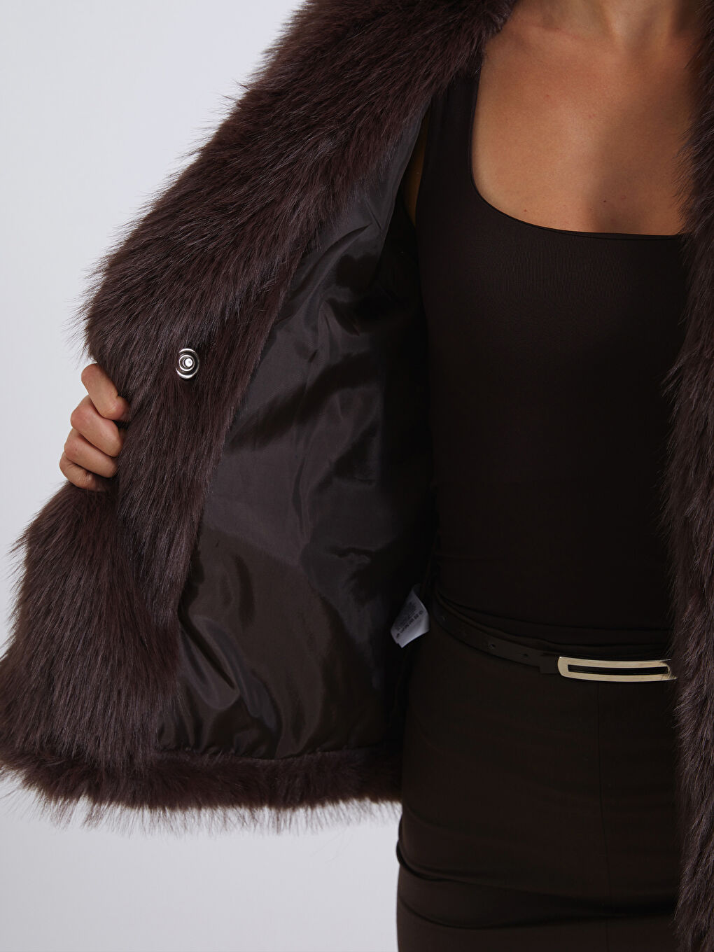 Kahverengi Ceket Yaka Kadın Kürk Mont-2