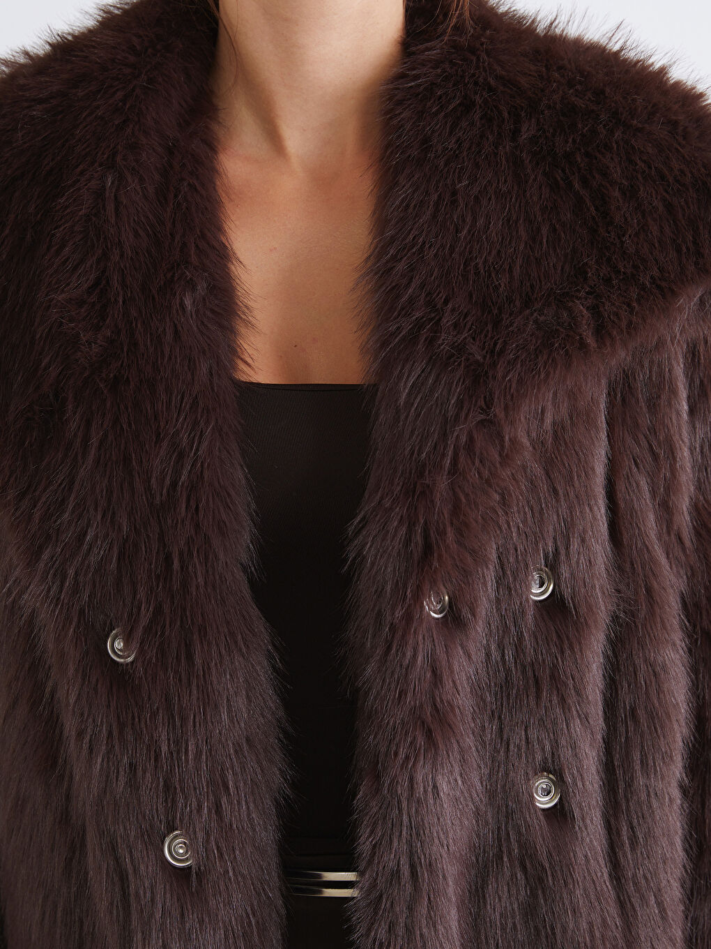 Kahverengi Ceket Yaka Kadın Kürk Mont-3
