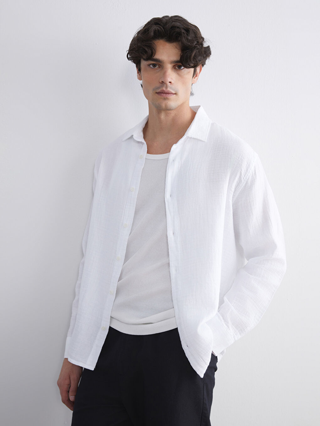 Beyaz Regular Fit Uzun Kollu Müslin Erkek Gömlek-1